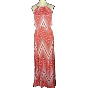 Macbeth collection geo striped salmon pink sleeveless maxi dress sz S